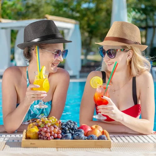 Vista 6 de Forwe Paquete de 4 sombreros de paja para hombres y mujeres, sombrero Trilby de ala corta, sombrero clásico de Panamá para el verano y la playa