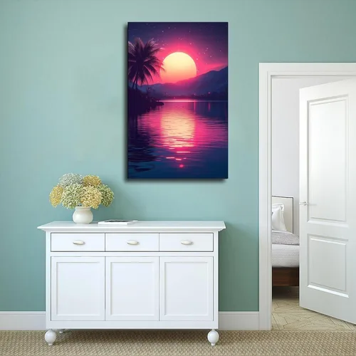 Vista 4 de ZMLIS Vaporwave Neon Retro City Print – Synthwave 80s Aesthetic Wall Decor – Futuristic Palm Trees Digital Poster Poster for Room Aesthetics Canvas