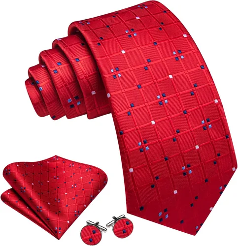 Vista 16 de Barry.Wang Juego de corbatas a cuadros para hombre con pañuelo gemelos de rayas clásicas