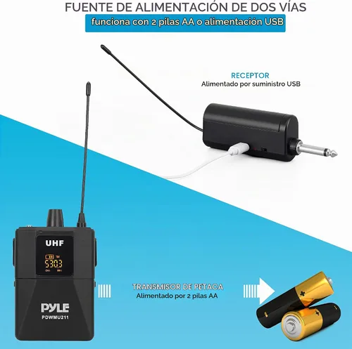 Vista 6 de Pyle Pyle PDWMU211 - Sistema de micrófono dual UHF inalámbrico profesional portátil con auriculares/micrófono de solapa, transmisor de cinturón