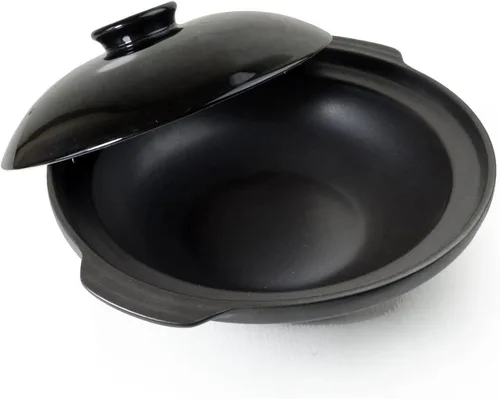Vista 4 de Cacerola de arcilla seca resistente al calor, cacerola de cerámica prémium con tapa, para cocinar sopa terrina, color negro, 42 onzas