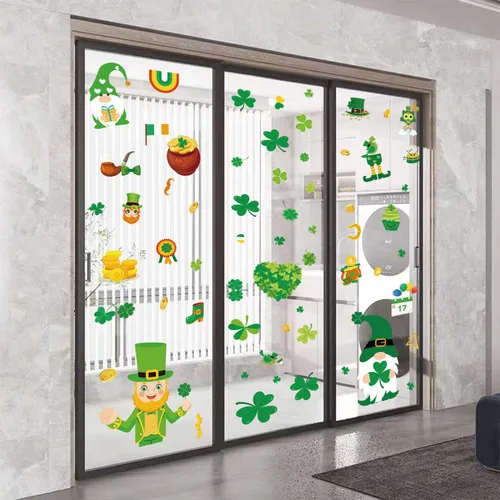 Vista 5 de AOWDIAO Calcomanías reutilizables de doble cara para ventana, duendes, tréboles, gnomos, monedas, decoración irlandesa festiva para ventanas
