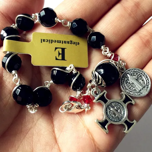 Vista 4 de elegantmedical Pulsera hecha a mano con cuentas de oración de ágata negra, rosario, cruz, católica, Metal