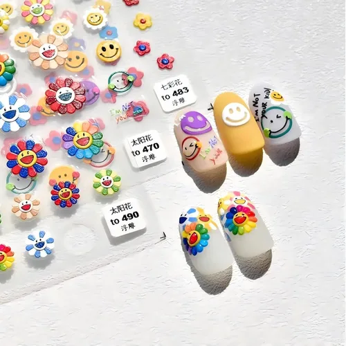 Vista 12 de Dedyel Calcomanías de uñas de sonrisa, lindas calcomanías de uñas de dibujos animados 5D en relieve de cara sonriente, calcomanías de uñas Kawaii