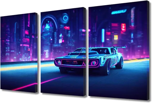 Vista 32 de Arte de pared de 3 piezas de escena de ciencia ficción de la calle comercial futurista paisaje urbano, decoración de pared para dormitorio