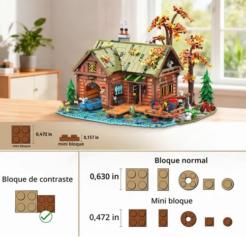 Vista 8 de INSOON Set de Construcción Mini de Cabaña sobre el Agua con Luz, 2423 PIEZAS, Juego de Bloques de Madera de Casa en el Bosque con Barco, Bicicleta