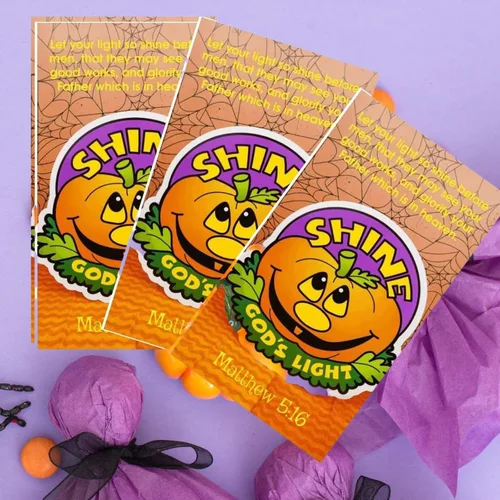 Vista 5 de Biblebanz 24 juegos de lápices de calabaza cristiana con Let Your Light Shine a granel calabaza Halloween tarjetas de bolsillo tronco o golosina