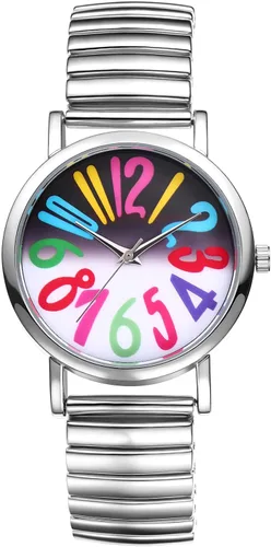Vista 10 de JewelryWe Reloj de lectura fácil ultrafino para mujer con correa elástica de tono dorado/plateado