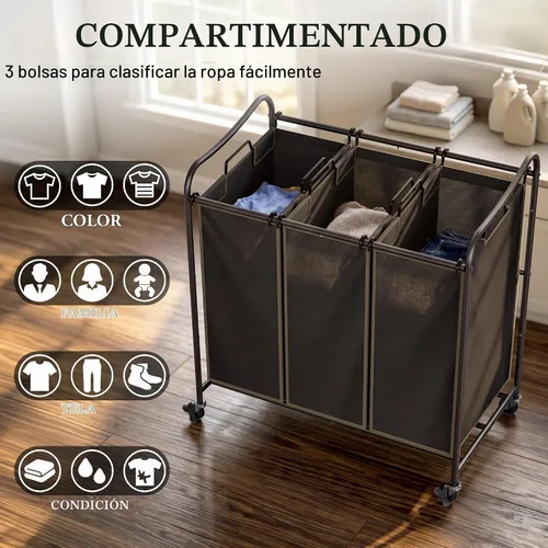 Vista 7 de Simple Houseware Carrito rodante clasificador de lavandería de 3 bolsas resistente, bronce