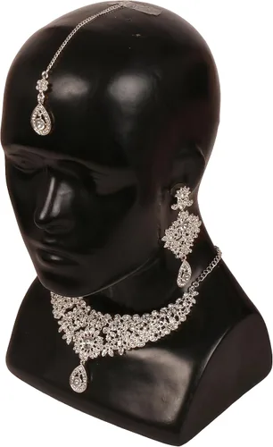 Vista 7 de Touchstone Conjunto de collar de joyería nupcial de diseño nupcial con diamantes de imitación blancos y zafiro sintético azul para mujeres en oro