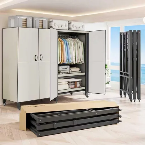 Vista 15 de Perchero cubierto resistente con puerta magnética, plegable, portátil, para colgar ropa, perchero de metal negro con ruedas (negro, 49.12 pulgadas)