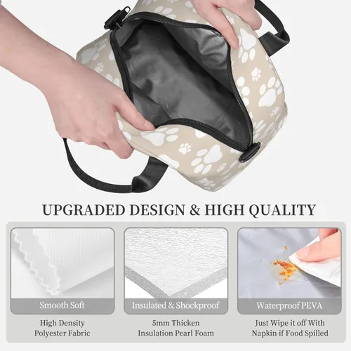 Vista 4 de Perinsto Lindas patas de perro beige bolsa de almuerzo reutilizable aislada bolsa de almuerzo lonchera contenedor con correa ajustable