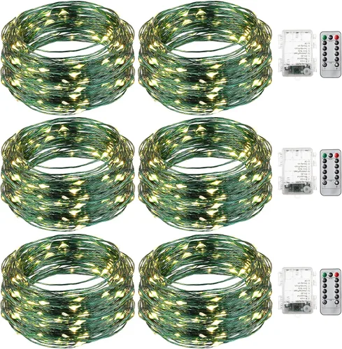 Vista 9 de Remagr 4 paquetes de luces de hadas navideñas de cadena, luces LED de alambre verde impermeables, funciona con pilas, con control remoto, 8 modos