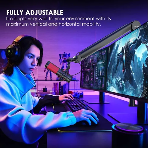 Vista 6 de IXTECH - Brazo de micrófono premium con soporte de escritorio, giratorio de 360°, totalmente ajustable, para podcast, video, juegos, radio, estudio