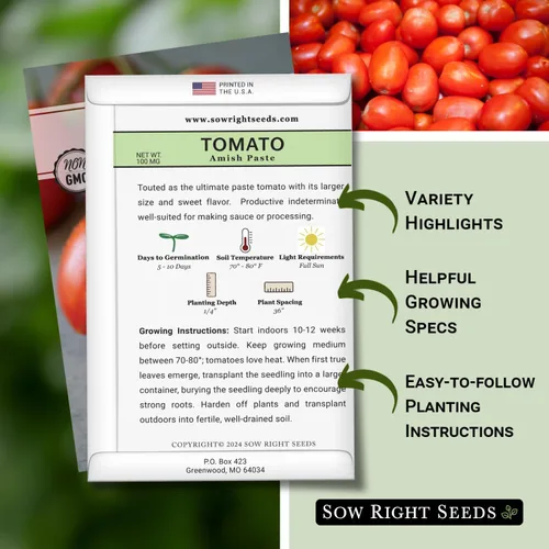 Vista 2 de Sow Right Seeds - Semillas de tomate Amish Paste para plantar - Herencia sin OMG para jardín exterior/interior - Tomates de alto rendimiento - Ideal