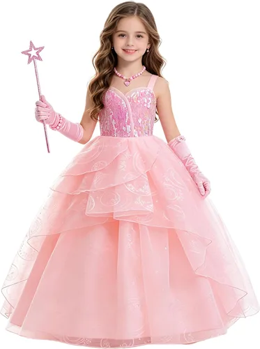 Vista 2 de 9 piezas de disfraz de bruja rosa de Halloween para niñas, vestido de princesa de malla con lentejuelas y accesorios