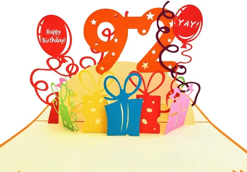 Vista 2 de iGifts And Cards Tarjeta desplegable 3D de cumpleaños 92, regalos coloridos y celebración de hitos de globos, saludo sincero para personas mayores