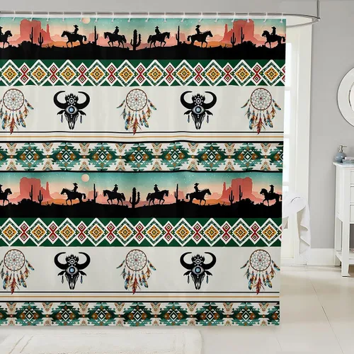 Vista 12 de Castle Fairy Cortina de ducha geométrica bohemia tribal exótica para baño, juego de cortina de ducha para niños y adultos, cortina de baño retro