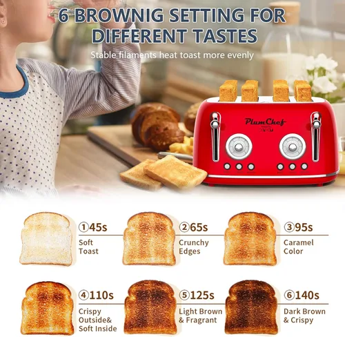 Vista 6 de Tostadora de ranura larga extra ancha de 4 rebanadas, bandeja extraíble para migas, 6 ajustes de tostado, funciones de bagel/descongelación, 1650 W