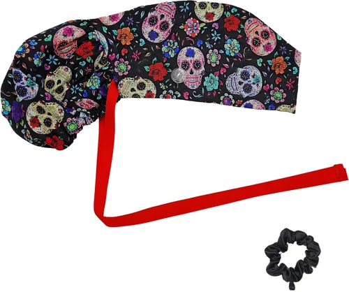 Vista 25 de Gorra médica con interior sedoso, gorro de algodón con banda para el sudor y botones, cola de caballo ajustable