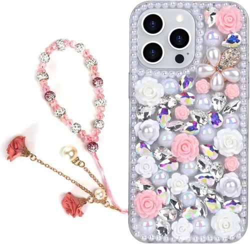 Vista 15 de para iPhone 14 Pro - Funda con Purpurina y Diamantes de Imitación, de Lujo, con Cristales Brillantes, Flores de Rosa, Perlas Florales, Pulseras