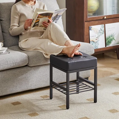 Vista 9 de IBUYKE Taburete de maquillaje cuadrado con pies ajustables y espacio de almacenamiento, silla reposapiés, asiento de tocador de PU, multiusos como