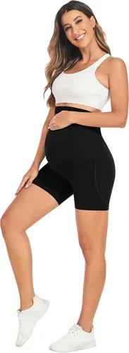 Vista 4 de DALIGIRL Pantalones cortos de maternidad sobre el vientre con bolsillos, pantalones cortos de yoga deportivos para mujer para el embarazo de verano