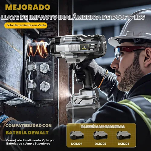 Vista 3 de Llave de impacto inalámbrica de 1/2 pulgada para batería DeWalt Max20V: Llave de impacto de alto torque de 1700 pies-libras, herramienta de servicio