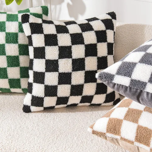 Vista 4 de WACOMECO Fundas de almohada decorativas – Fundas de cojín suaves de Sherpa de piel sintética a cuadros para sofá, dormitorio, sala de estar