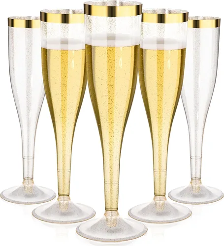 Vista 9 de Goodluck Paquete de 36 copas de champán transparentes de plástico de 6.5 onzas con borde dorado, vasos desechables de champán para brindis de boda