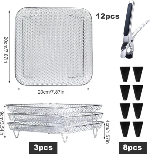 Vista 2 de Estante para freidora de aire, 3 capas de acero inoxidable, estante apilable para freidora de aire con 8 pies de silicona para horno, olla