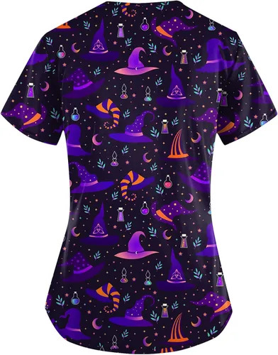 Vista 2 de Halloween Scrubs Print Scrub Tops for Women Breathable Pumpkin Bat Ghost Skull Pattern V-Neck Tee Tops with Pockets