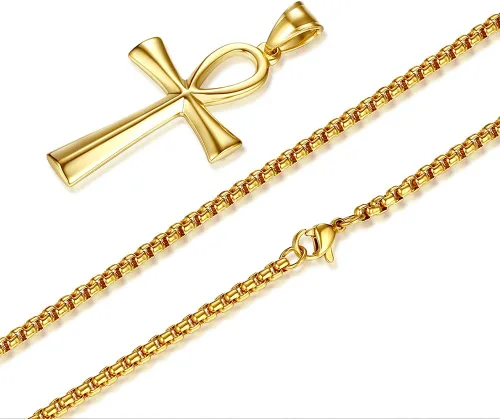 Vista 10 de Reve Collar con colgante religioso de cruz de Ankh copta de acero inoxidable para hombres y mujeres, cadena de 20 a 24 pulgadas