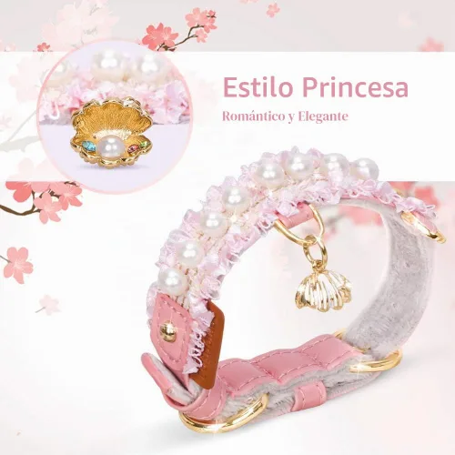 Vista 2 de Collar Premium de Cuero PU para Gato y Perro con Colgante de Concha - Ajustable, Perla Linda, Encaje Hermoso, Rosa Pequeña