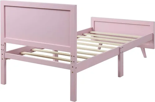Vista 6 de Base de cama de plataforma de madera, base de cama individual, base de colchón con cabecera, estribo, soporte de listones de madera
