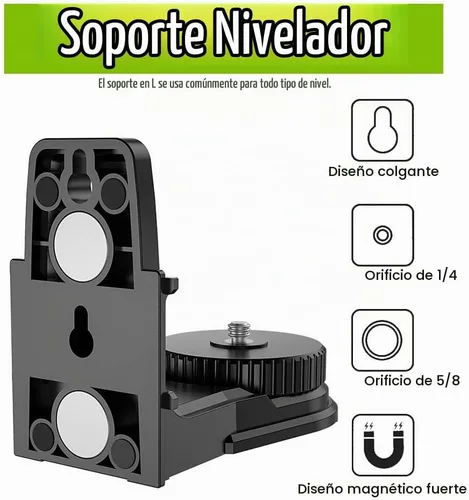 Vista 2 de Adaptador de nivel láser en forma de L, base giratoria magnética multifuncional, ajustable de 360 grados, soporte con rosca de 1/4 y 5/8 pulgadas