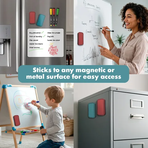 Vista 7 de SCRIBBLEDO Magnetic Whiteboard Dry Erase Erasers 2 Pc, 2x4 Inch Eraser Set with Washable Soft Felt Pads, Comfortable Foam Grip Tops and Strong Dual