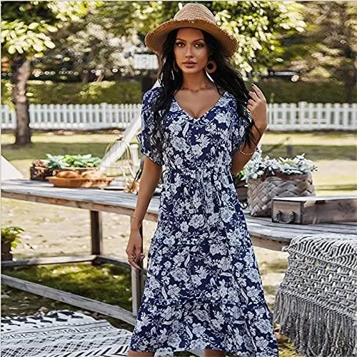 Vista 2 de Vestido casual de manga corta con cuello en V y estampado floral para mujer, con cintura y dobladillo plisado suelto con dobladillo de hoja de loto
