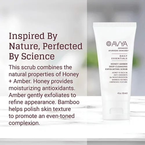 Vista 3 de AVYA Honey + Amber Exfoliating Scrub (tamaño de viaje, 1 onza líquida), limpieza profunda con poder antioxidante de miel y bambú para una textura