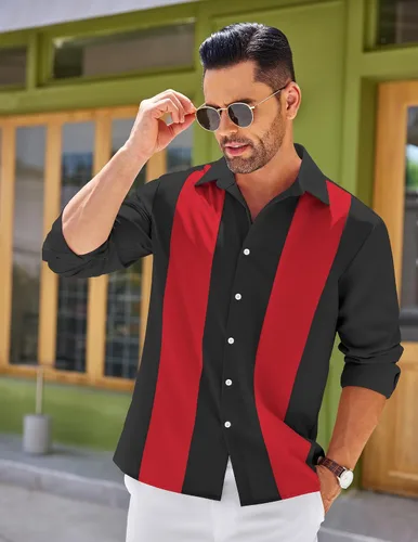Vista 3 de COOFANDY Men's Vintage Bowling Shirt Casual Long Sleeve Button Down Retro Shirt