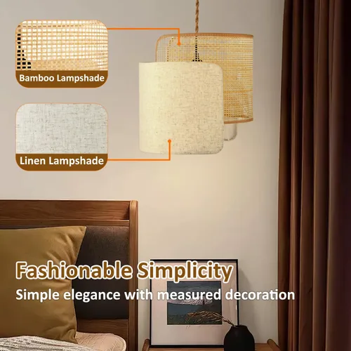 Vista 5 de Lámpara colgante boho con enchufe, lámpara de araña boho regulable sin escalones con pantalla tejida de bambú y lino, lámpara colgante enchufable