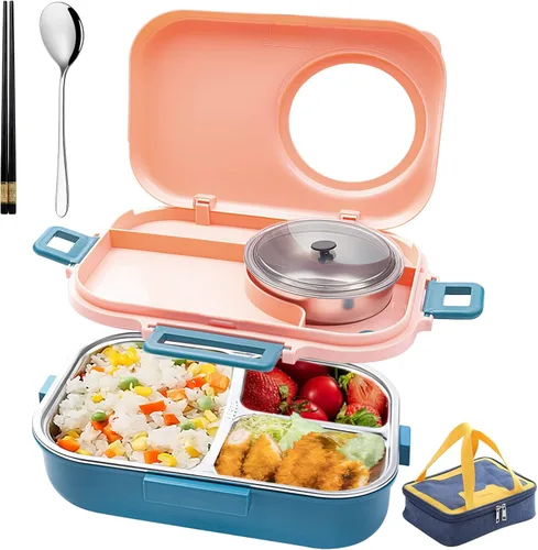 Vista 9 de Juego de contenedores de almuerzo portátiles aislados, caja Bento para adultos con bolsa de almuerzo aislada, 2 contenedores térmicos apilables