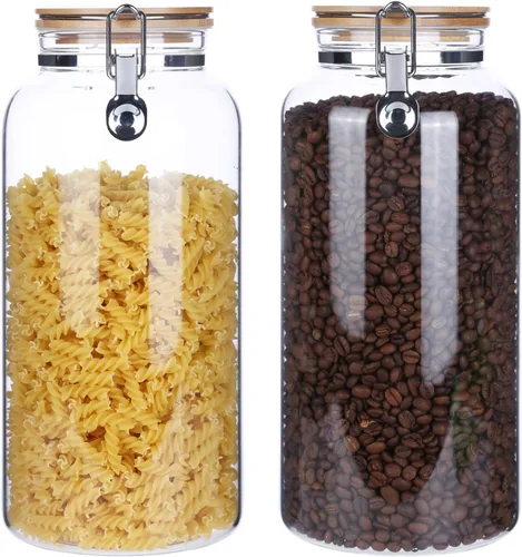 Vista 10 de Tarros de vidrio de borosilicato transparente con abrazadera de bloqueo hermético, tapas de bambú para cocina, sin BPA