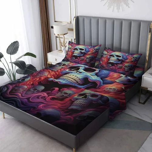 Vista 10 de Juego de sábanas de calavera tamaño individual, sábanas de microfibra suave con bolsillo profundo, sábanas y fundas de almohada estampadas sin