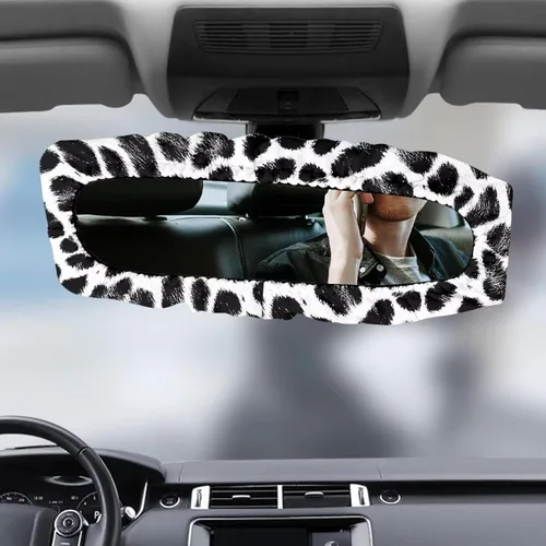 Vista 2 de Funda para espejo retrovisor de automóvil con estampado de vaca negro, protector de espejo retrovisor automático elástico