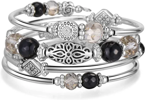 Vista 13 de FULU AUTUMN Pulseras apilables con cuentas para mujer, pulsera bohemia de plata envolvente, joyería de moda en capas, regalos para ella 17-negro