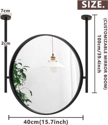 Vista 2 de Espejo redondo montado en el techo para baño, espejo de pared, espejo de barra colgante de techo, espejo de marco de metal negro, espejo decorativo