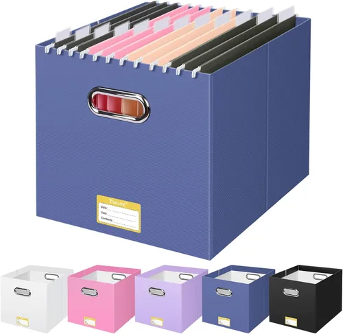 Vista 16 de BALEINE Caja organizadora de archivos, organizador de carpetas de archivos de cartón con asa para tamaño carta, caja de archivos plegable portátil