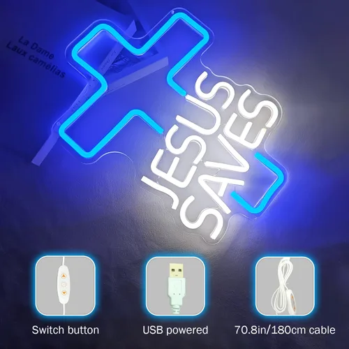 Vista 2 de Letreros de neón con cruz de Jesús salva, letreros LED para decoración de pared, regulables, luces de neón de Jesús para dormitorio, sala de estar