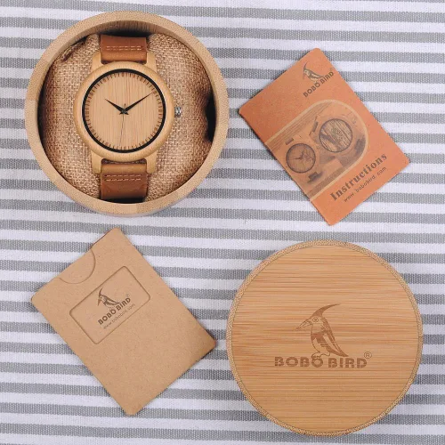 Vista 11 de BOBO BIRD Reloj de madera de bambú para hombre y mujer con correa de cuero de vaca marrón, relojes casuales de cuarzo analógico